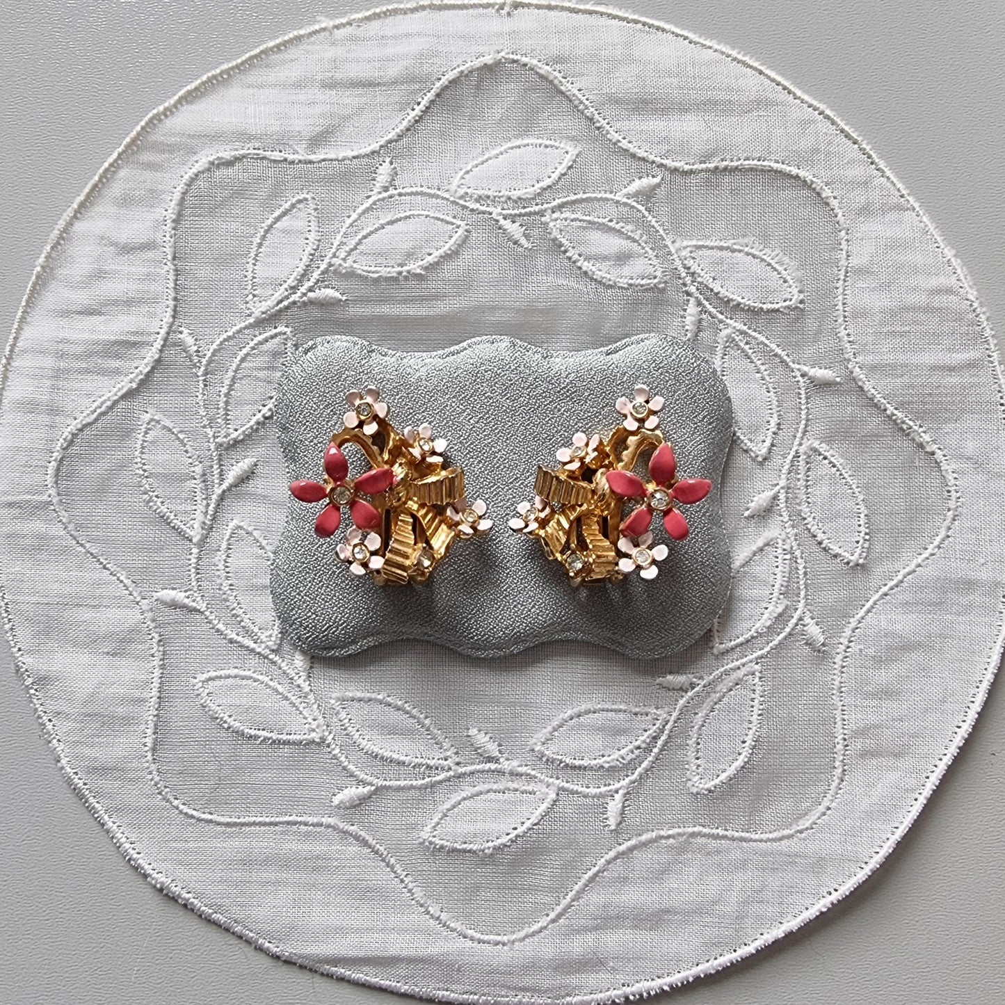 Clip on - Coro Pink Enamel Flowers with Ribbon Clip on Earrings
