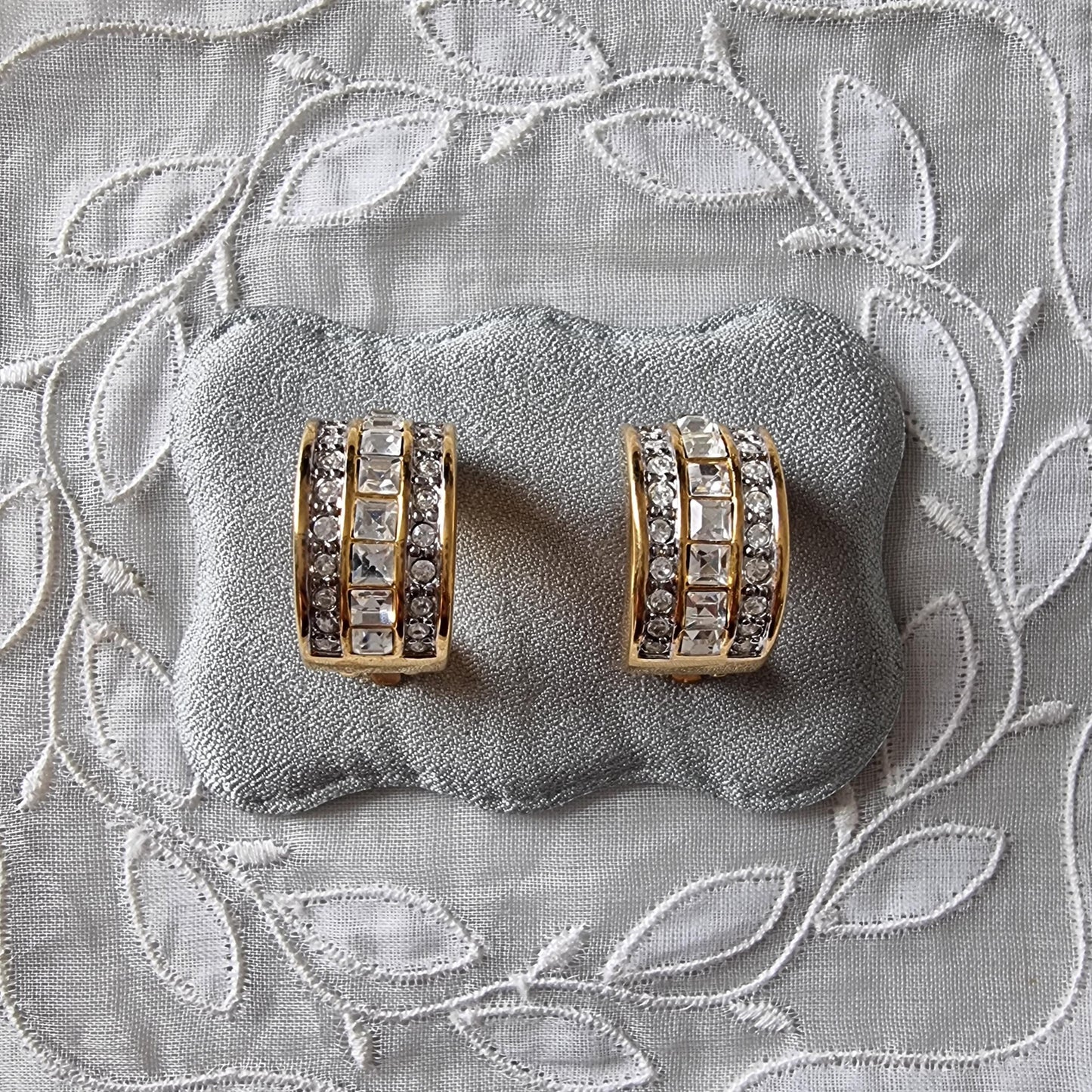 Clip on - Gold and Clear Crystals Half Hoop Clip On Earrings