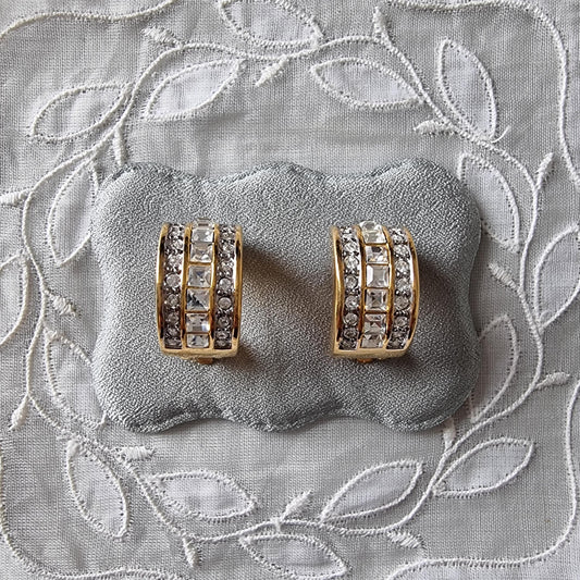 Clip on - Gold and Clear Crystals Half Hoop Clip On Earrings