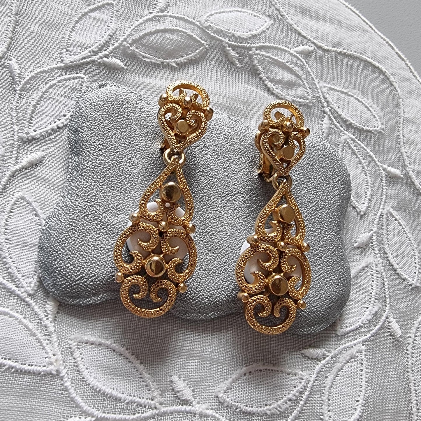 Clip on - Trifari Gold Filigree Drop Clip on Earrings