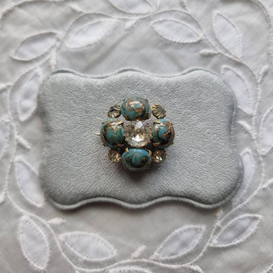 Brooch - Gold Turquoise Glass and Clear Crystal Flower Brooch