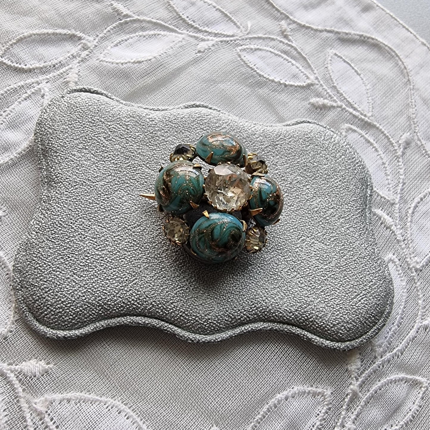 Brooch - Gold Turquoise Glass and Clear Crystal Flower Brooch