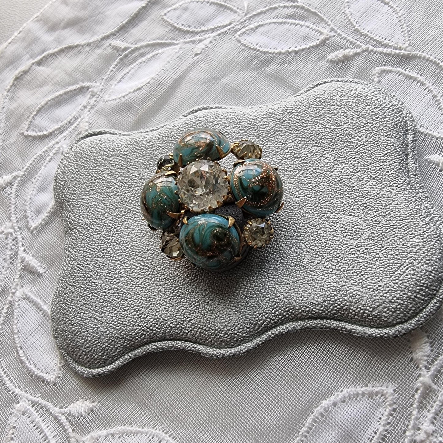 Brooch - Gold Turquoise Glass and Clear Crystal Flower Brooch