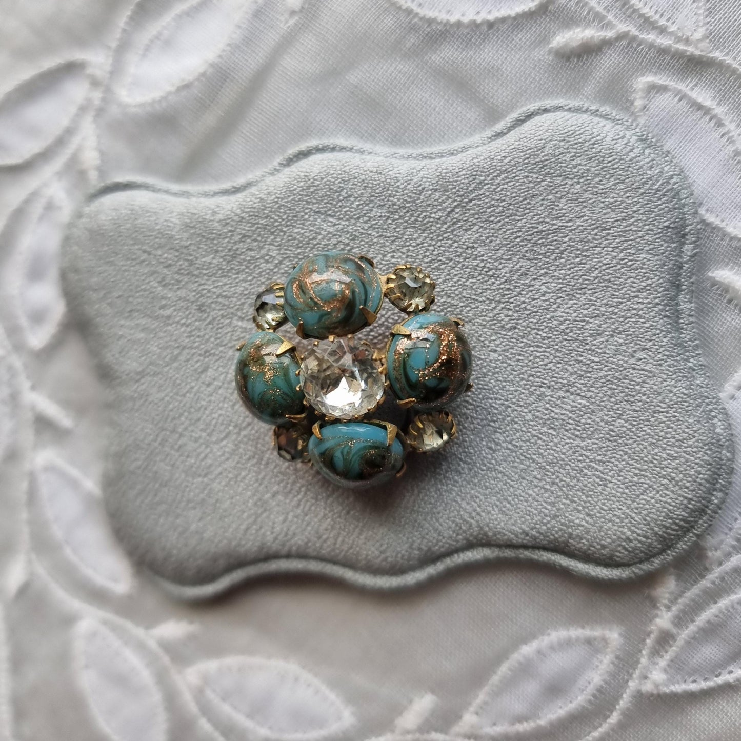 Brooch - Gold Turquoise Glass and Clear Crystal Flower Brooch
