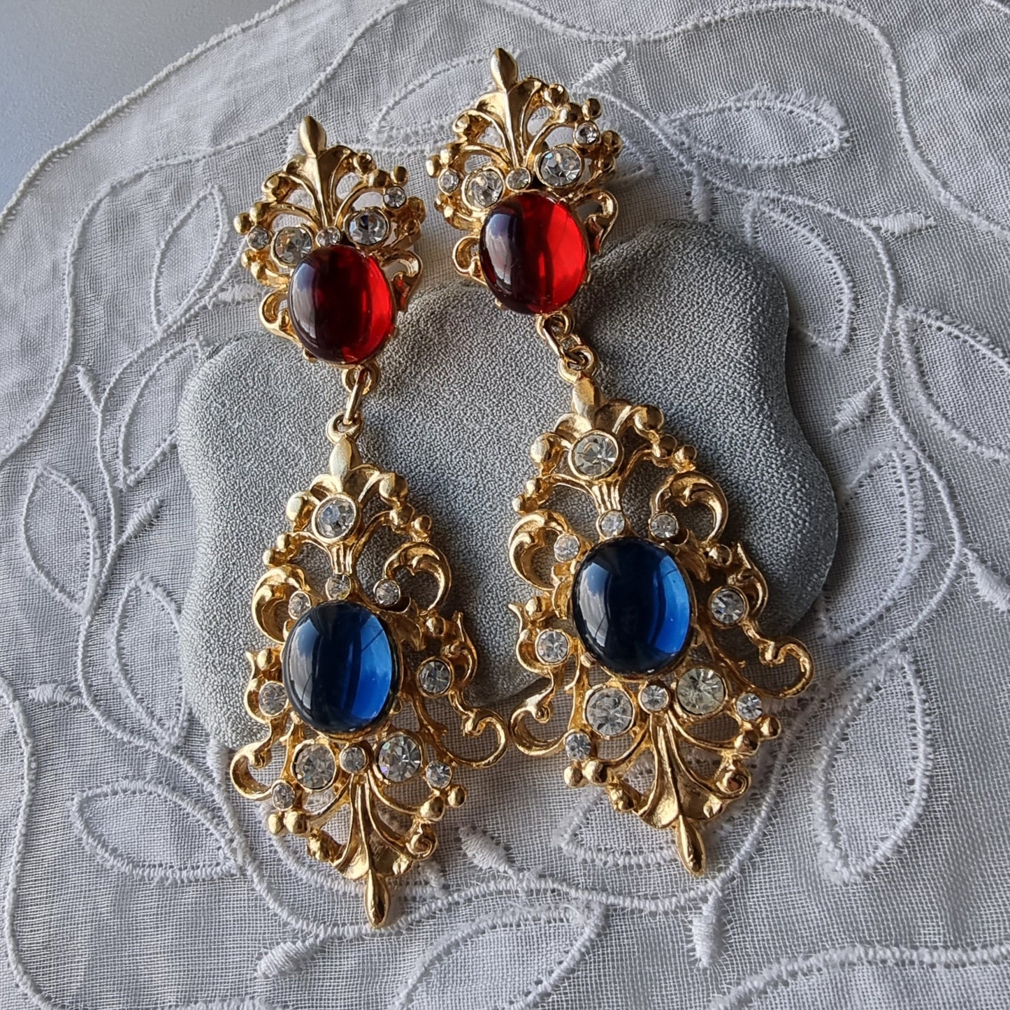 Posts - Statement Red and Blue Cabochon Drop Earrings