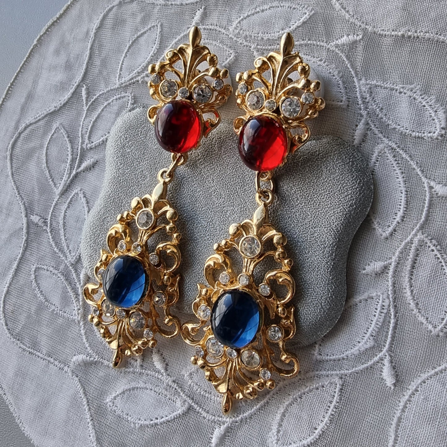 Posts - Statement Red and Blue Cabochon Drop Earrings
