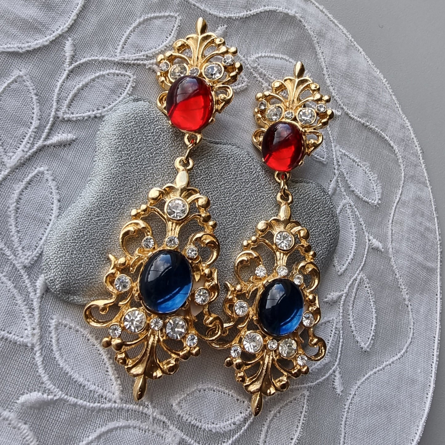 Posts - Statement Red and Blue Cabochon Drop Earrings