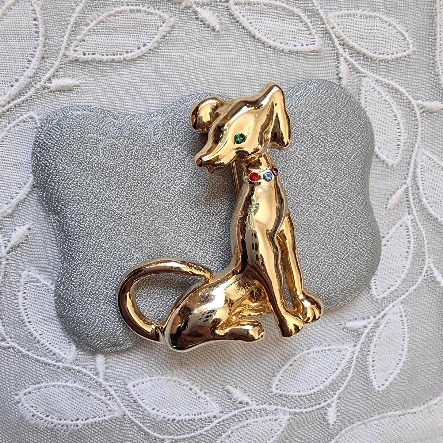 Brooch - Gold Dog with Multicolour Crystals Brooch