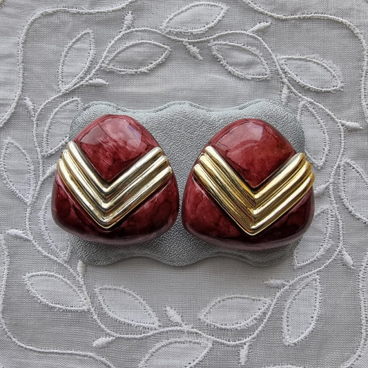 Clip on - Gold and Burgundy Triangular Acrylic Clip on Earrings