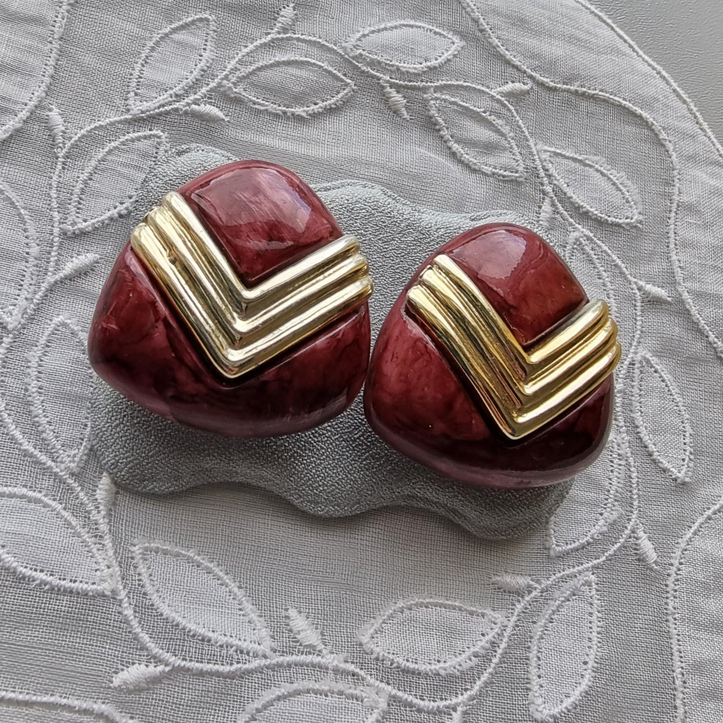 Clip on - Gold and Burgundy Triangular Acrylic Clip on Earrings