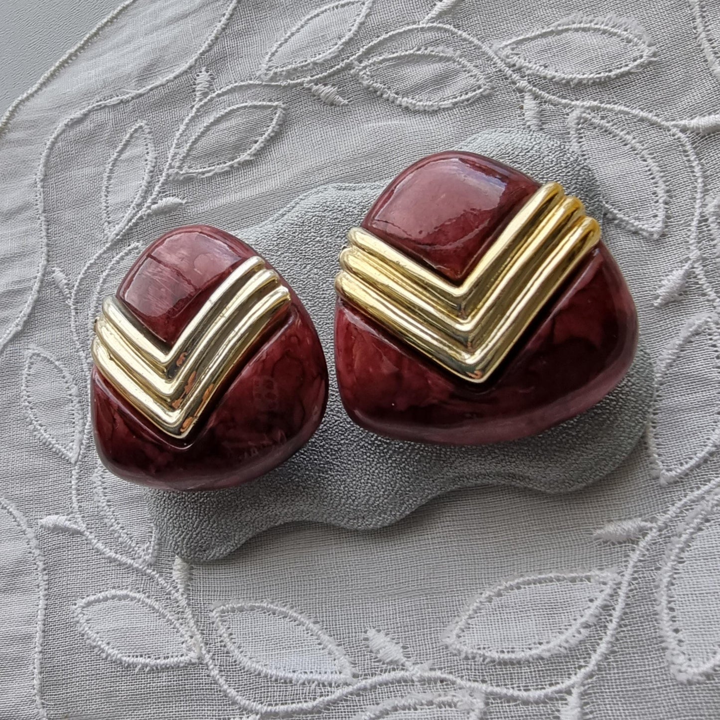 Clip on - Gold and Burgundy Triangular Acrylic Clip on Earrings