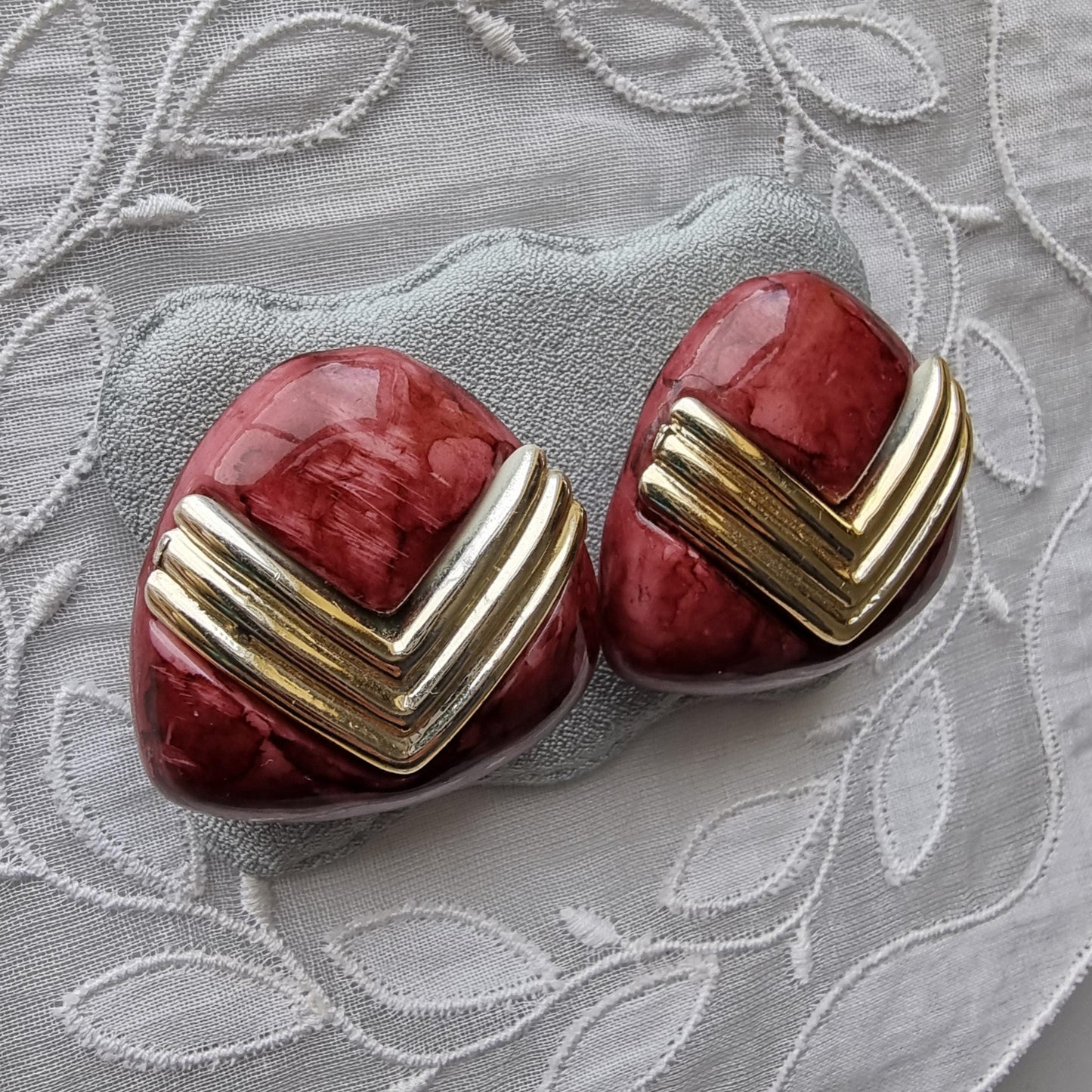 Clip on - Gold and Burgundy Triangular Acrylic Clip on Earrings