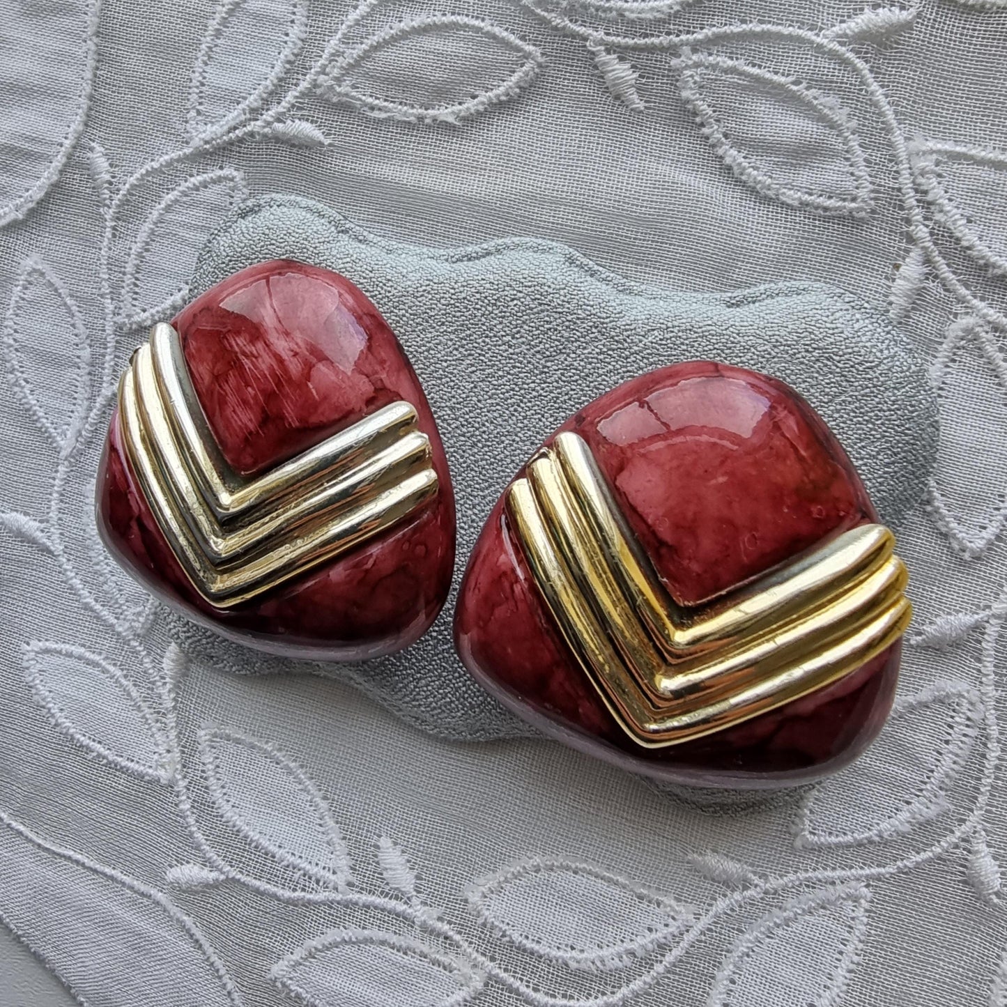 Clip on - Gold and Burgundy Triangular Acrylic Clip on Earrings