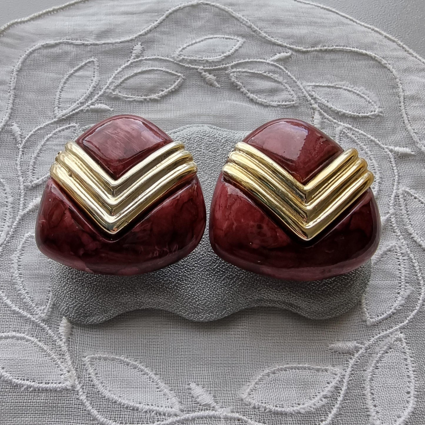 Clip on - Gold and Burgundy Triangular Acrylic Clip on Earrings