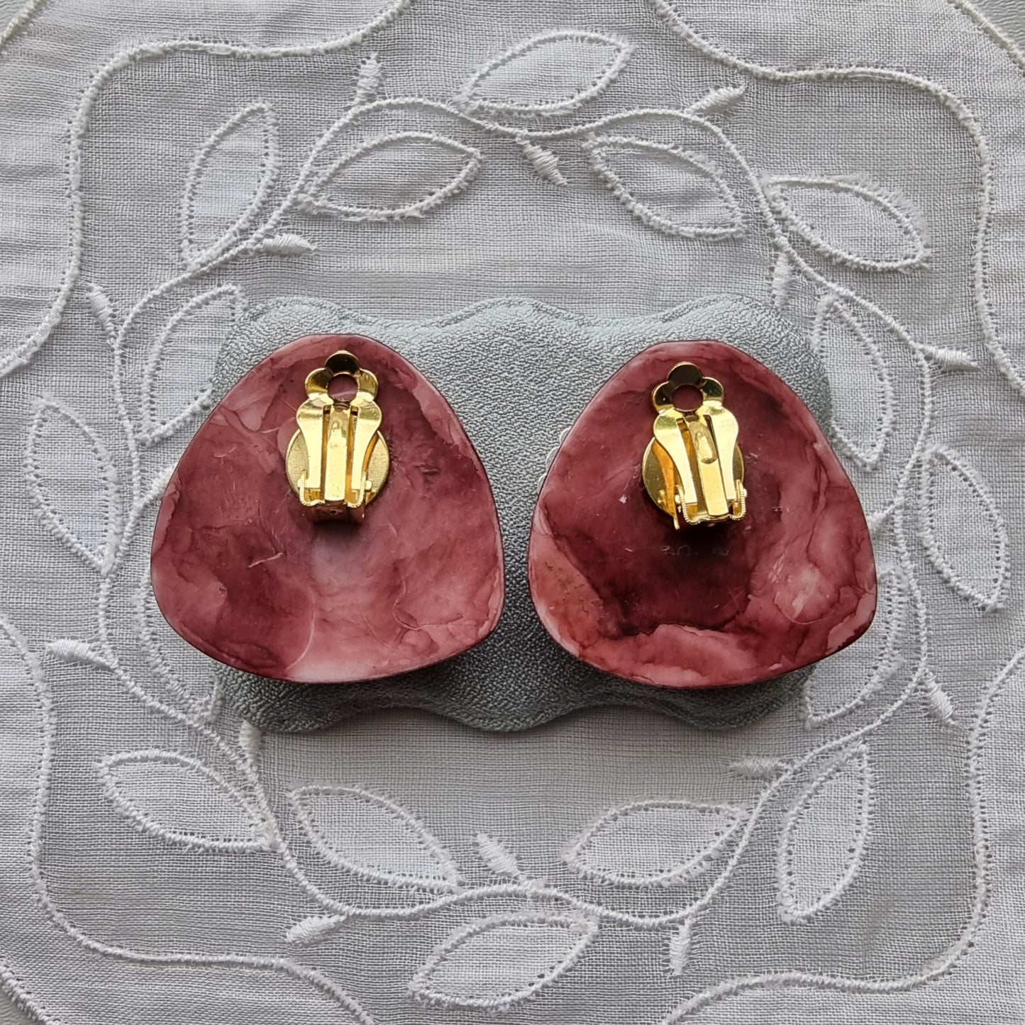 Clip on - Gold and Burgundy Triangular Acrylic Clip on Earrings