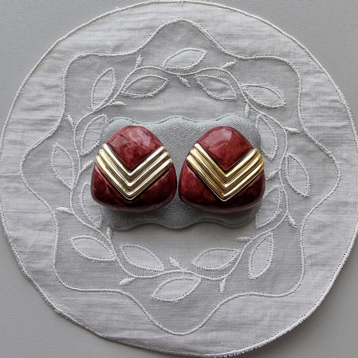 Clip on - Gold and Burgundy Triangular Acrylic Clip on Earrings
