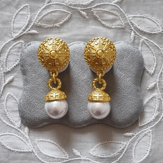 Posts - Gold Etruscan Pearl Drop Earrings