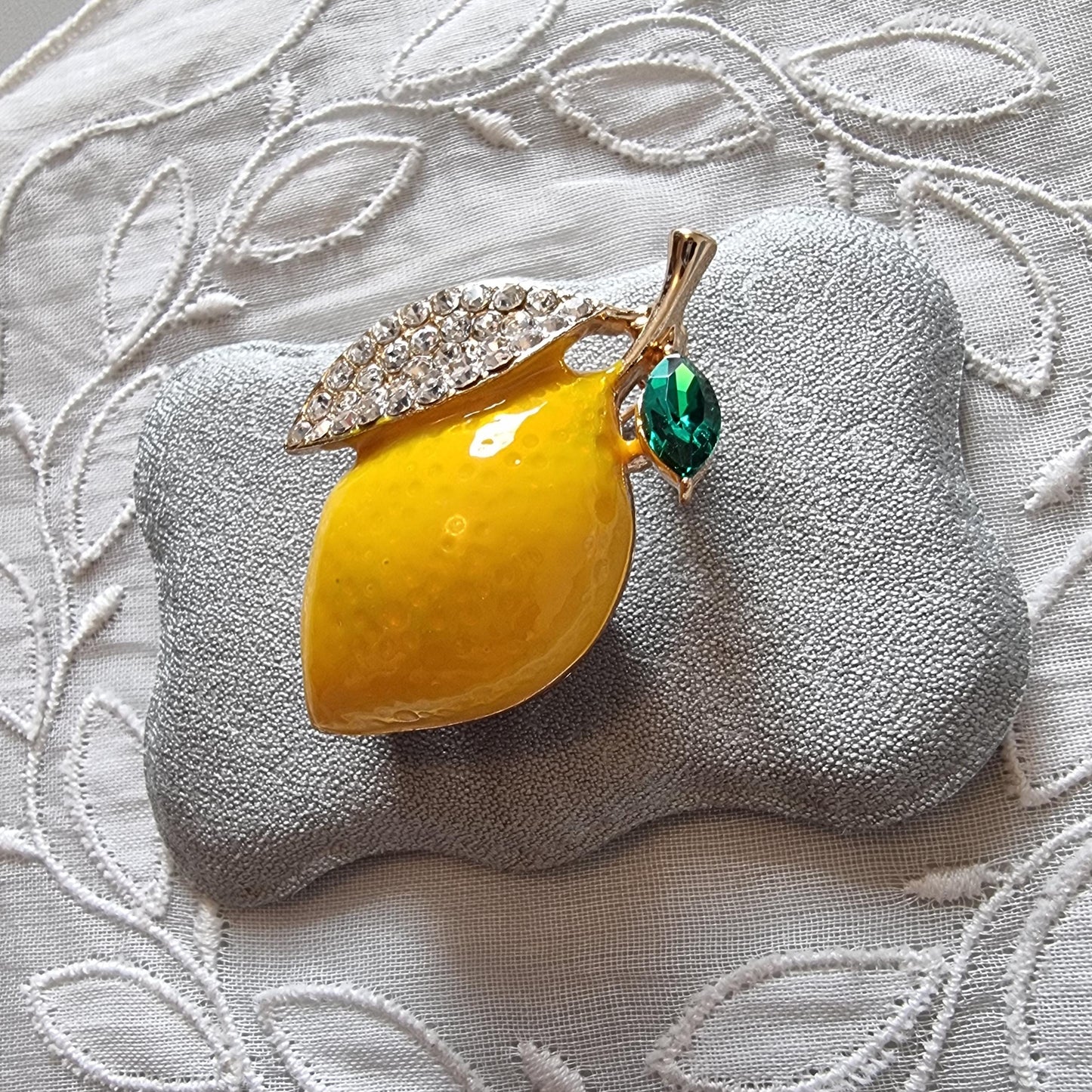 Brooch - Crystal Leaf Enamel Lemon Brooch