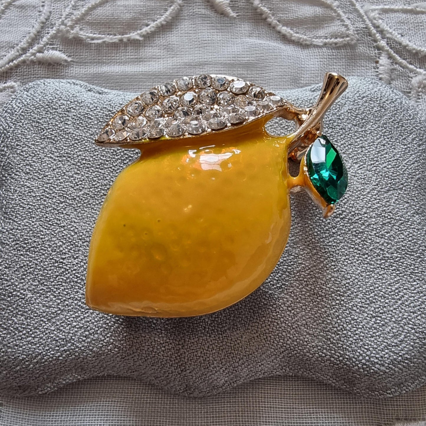 Brooch - Crystal Leaf Enamel Lemon Brooch