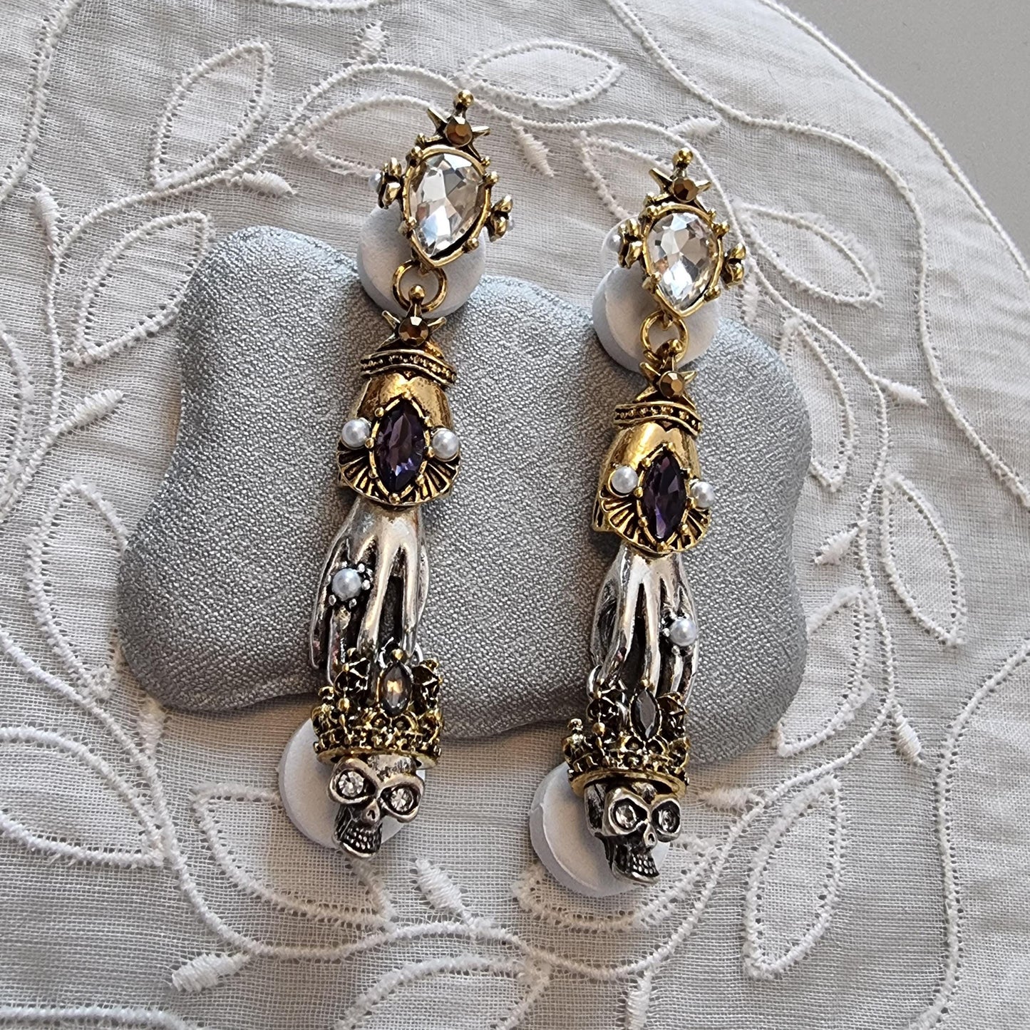 Posts - Crystals and Seed Pearls Skeleton Hand and Skull Drop Earrings