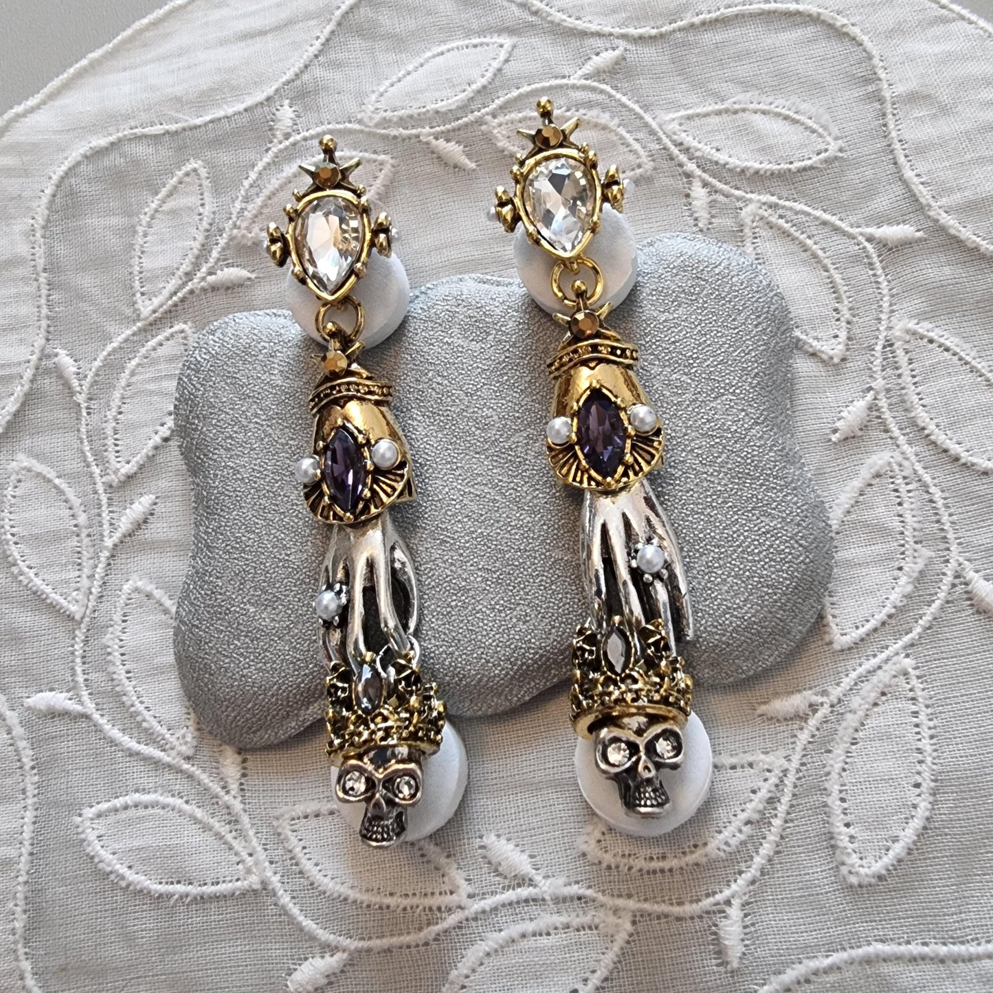 Posts - Crystals and Seed Pearls Skeleton Hand and Skull Drop Earrings