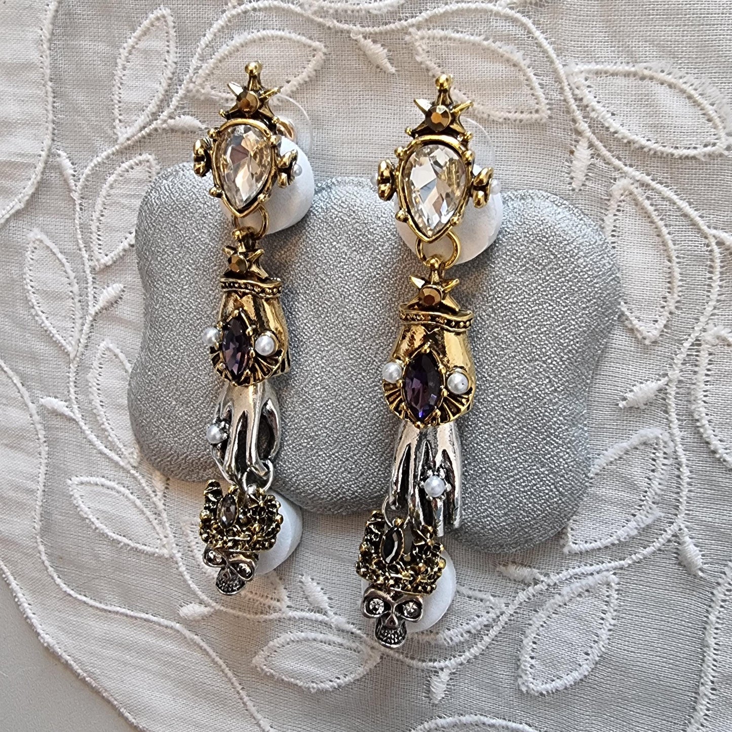 Posts - Crystals and Seed Pearls Skeleton Hand and Skull Drop Earrings