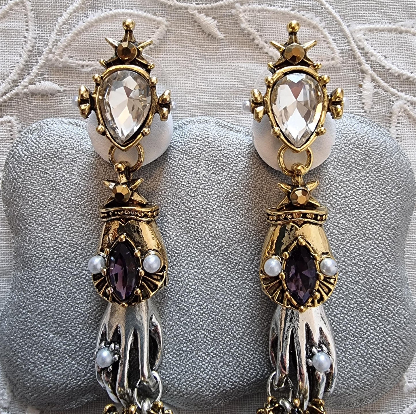 Posts - Crystals and Seed Pearls Skeleton Hand and Skull Drop Earrings