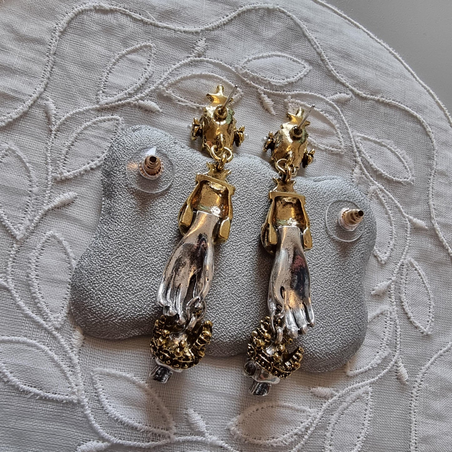 Posts - Crystals and Seed Pearls Skeleton Hand and Skull Drop Earrings