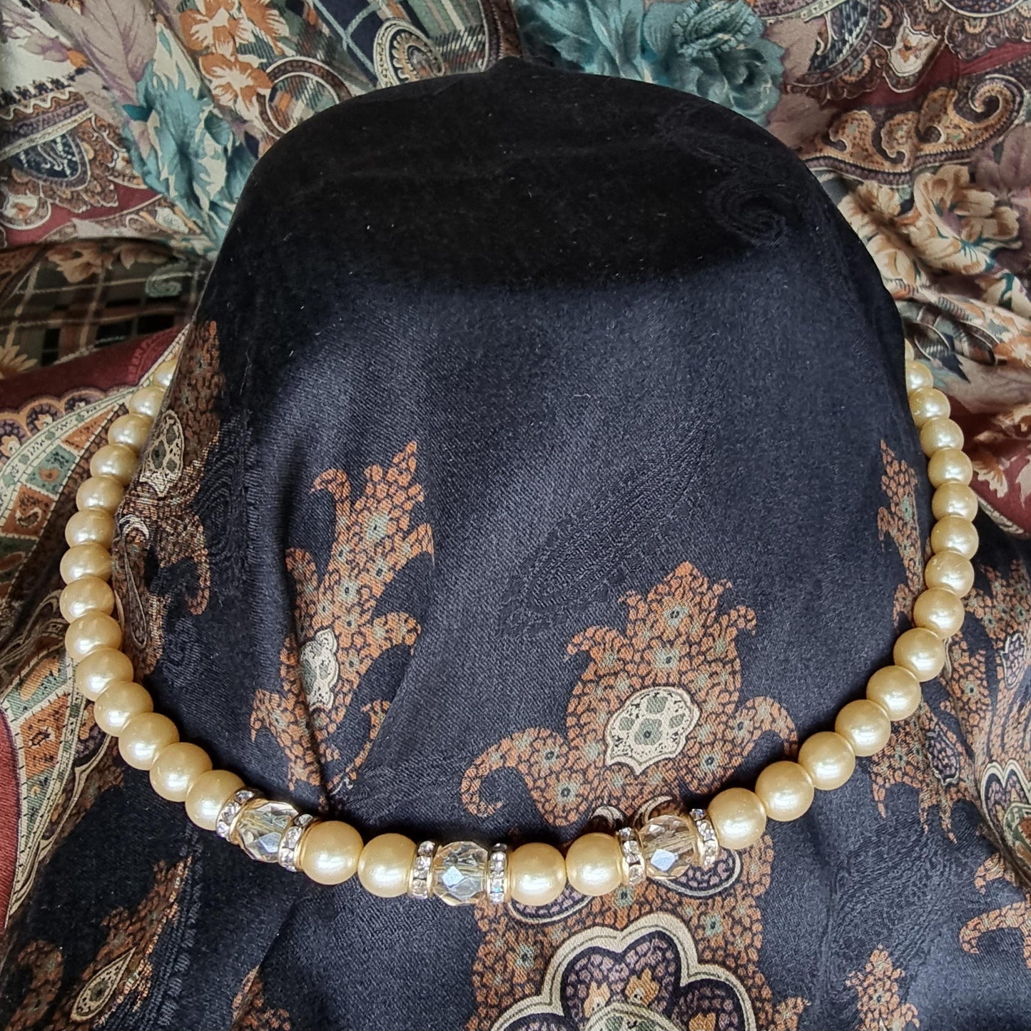 Necklace - Faux Pearls and Crystal Beads Necklace