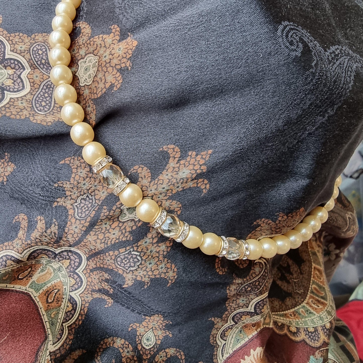 Necklace - Faux Pearls and Crystal Beads Necklace