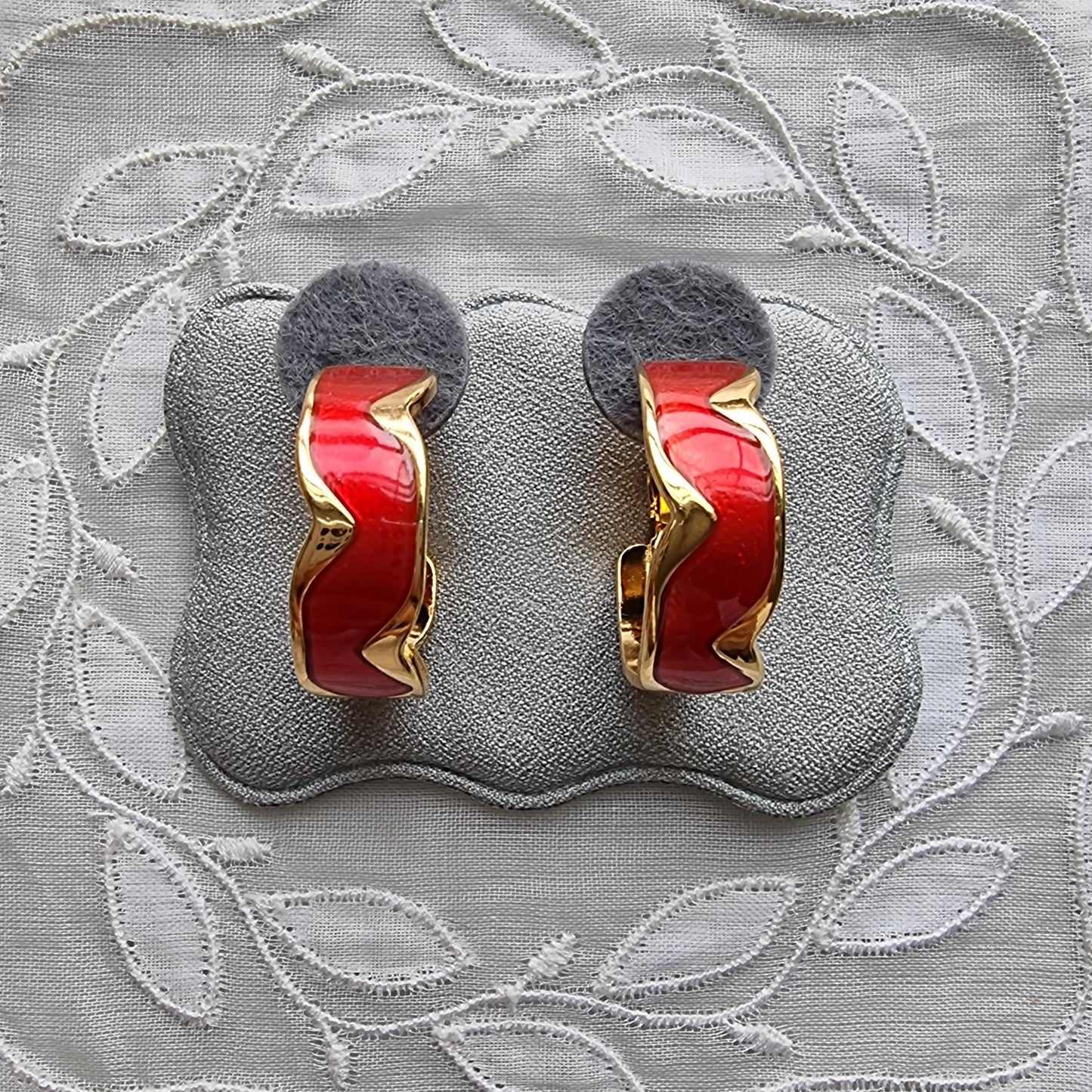 Clip on - Red Enamel Hoop Clip On Earrings