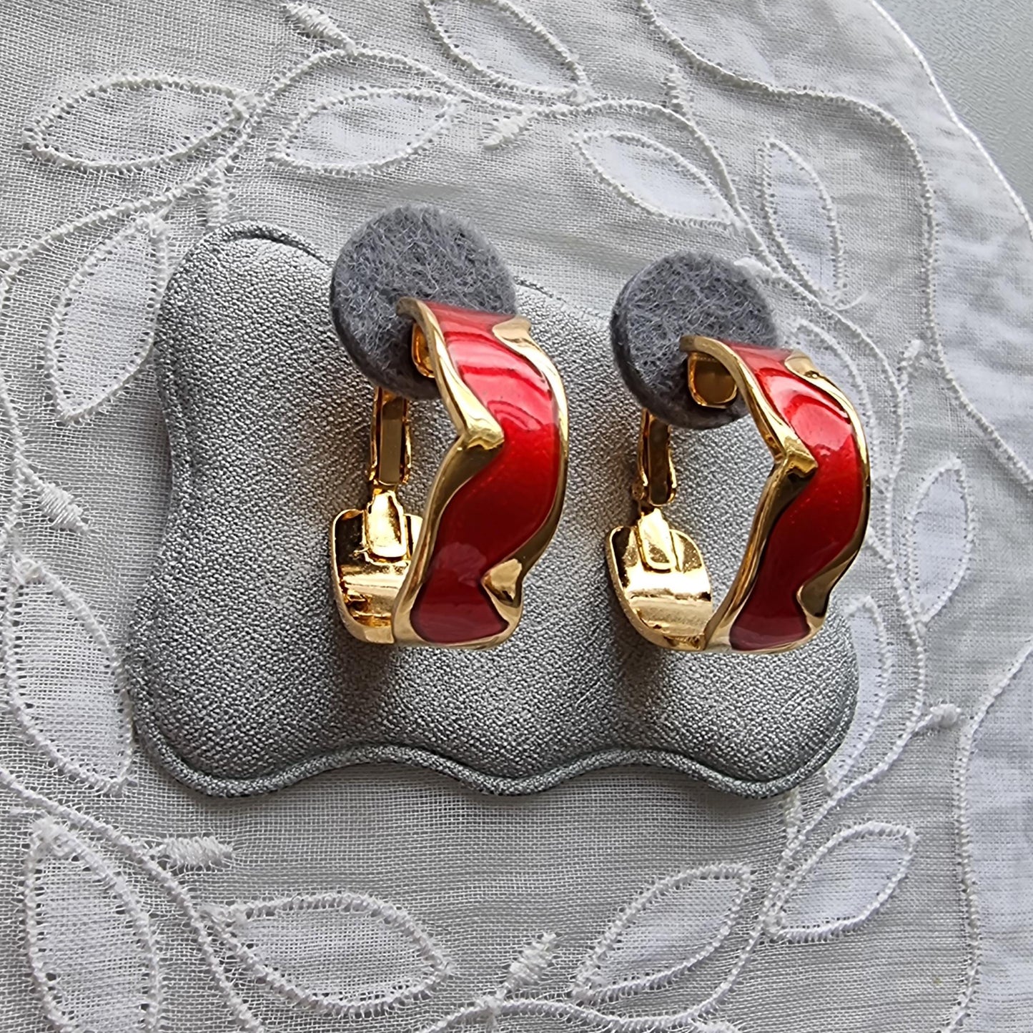 Clip on - Red Enamel Hoop Clip On Earrings