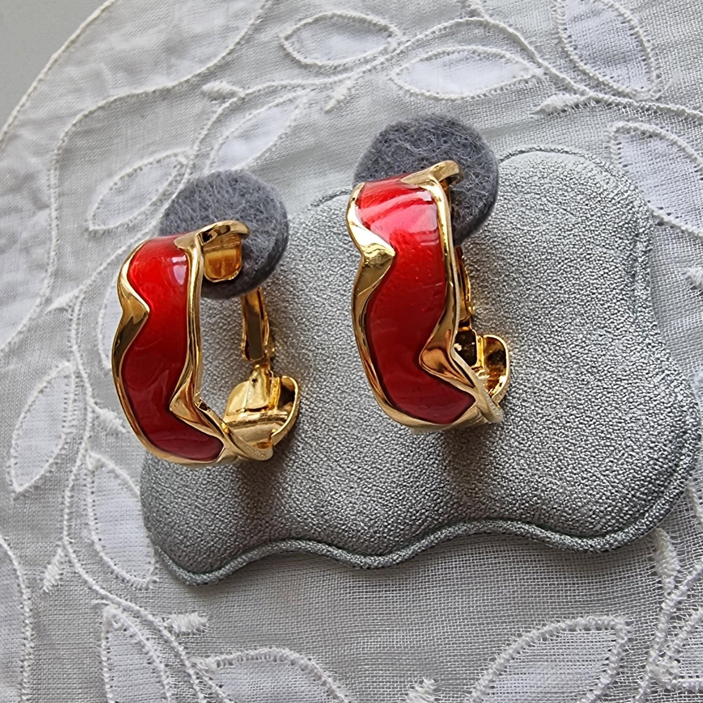 Clip on - Red Enamel Hoop Clip On Earrings