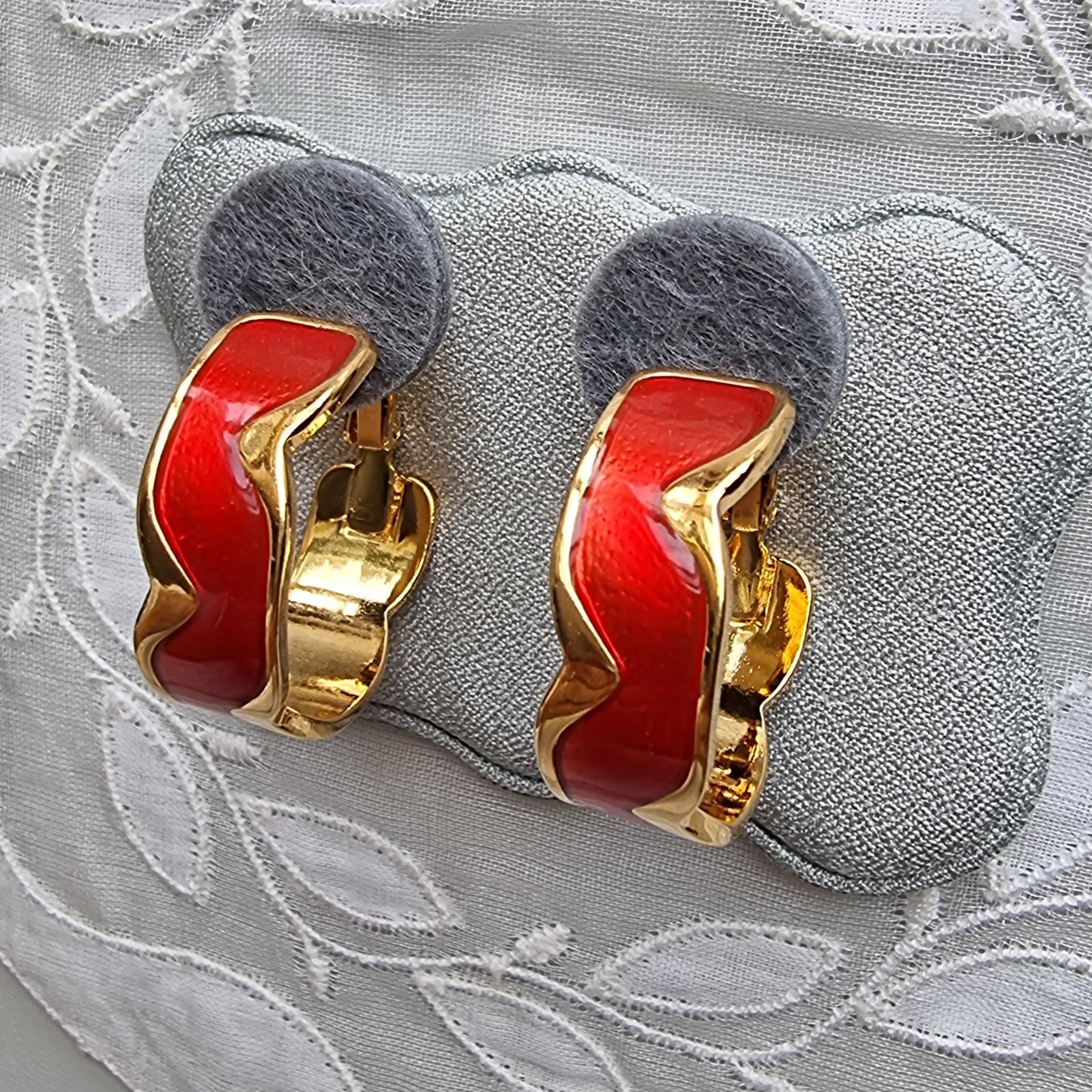 Clip on - Red Enamel Hoop Clip On Earrings