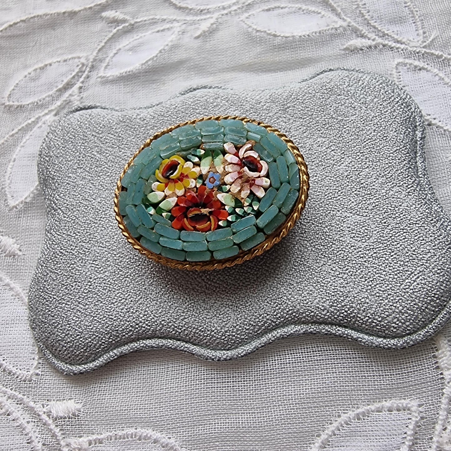 Brooch - Turquoise Glass Micromosaic Flower Brooch