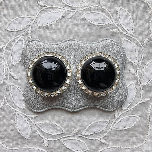 Clip on - Black and Clear Crystals Halo Clip on Earrings