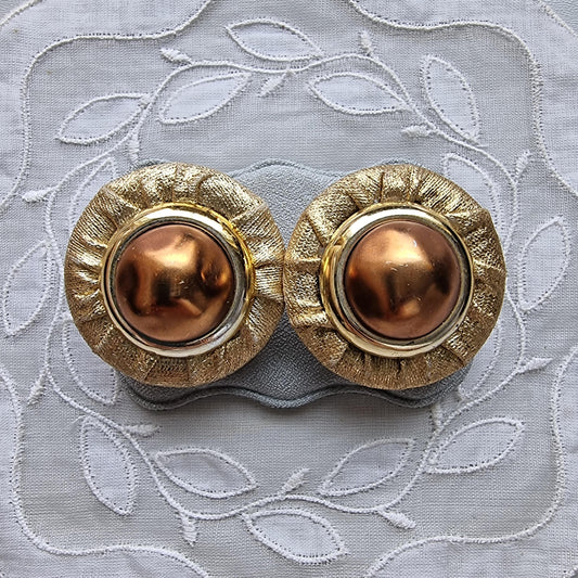 Clip on - Gold Fabric Faux Big Brown Pearl Clip on Earrings
