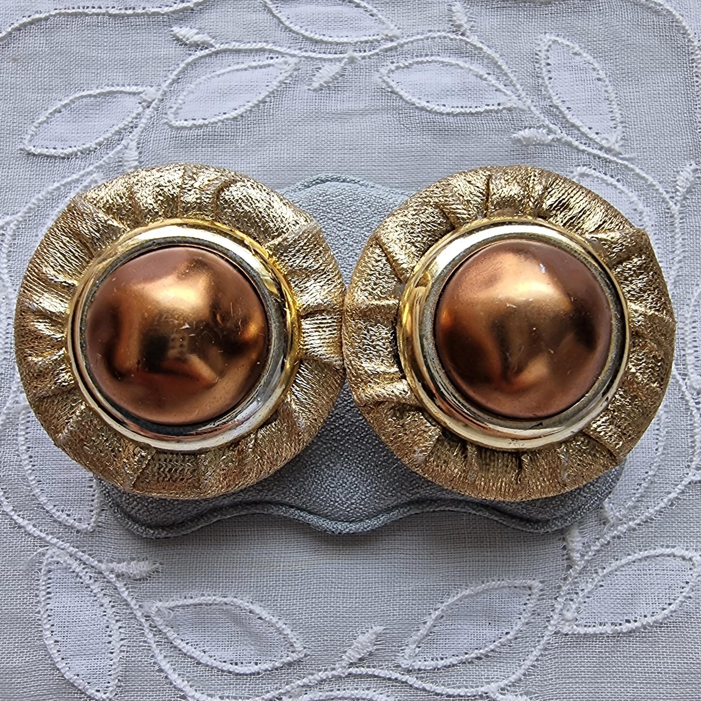 Clip on - Gold Fabric Faux Big Brown Pearl Clip on Earrings