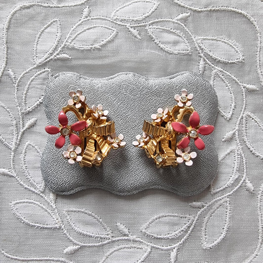Clip on - Coro Pink Enamel Flowers with Ribbon Clip on Earrings