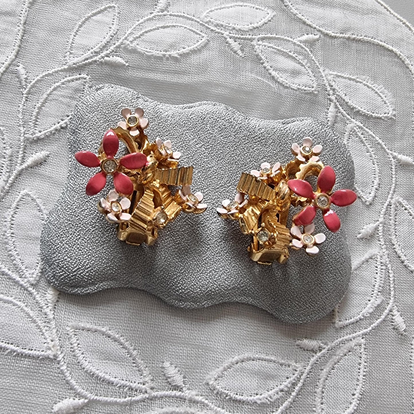 Clip on - Coro Pink Enamel Flowers with Ribbon Clip on Earrings