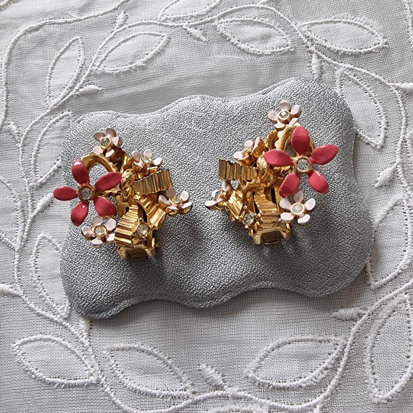 Clip on - Coro Pink Enamel Flowers with Ribbon Clip on Earrings
