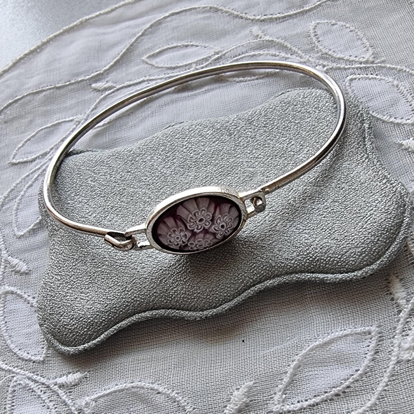 Bracelet - Purple Red Milefiori Glass Cabochon Bangle Bracelet