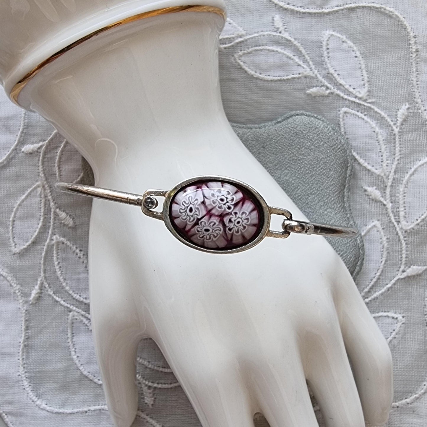 Bracelet - Purple Red Milefiori Glass Cabochon Bangle Bracelet