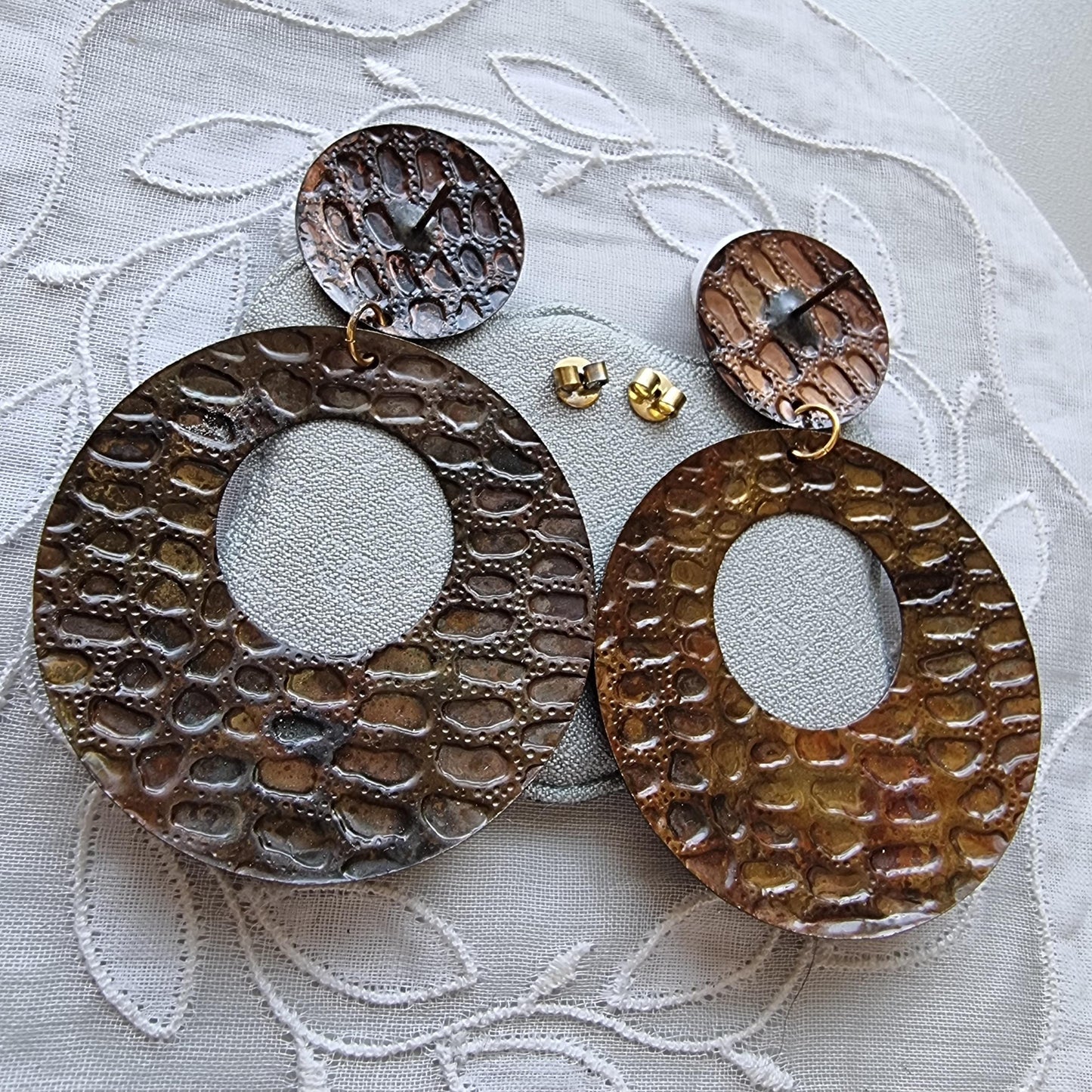 Posts - Brown Metal Crocodile Print Drop Earrings