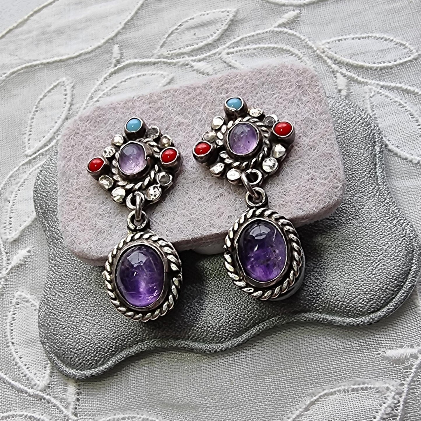 Posts - Sterling Silver Mexican Turquoise Coral and Amethyst Drop Earrings