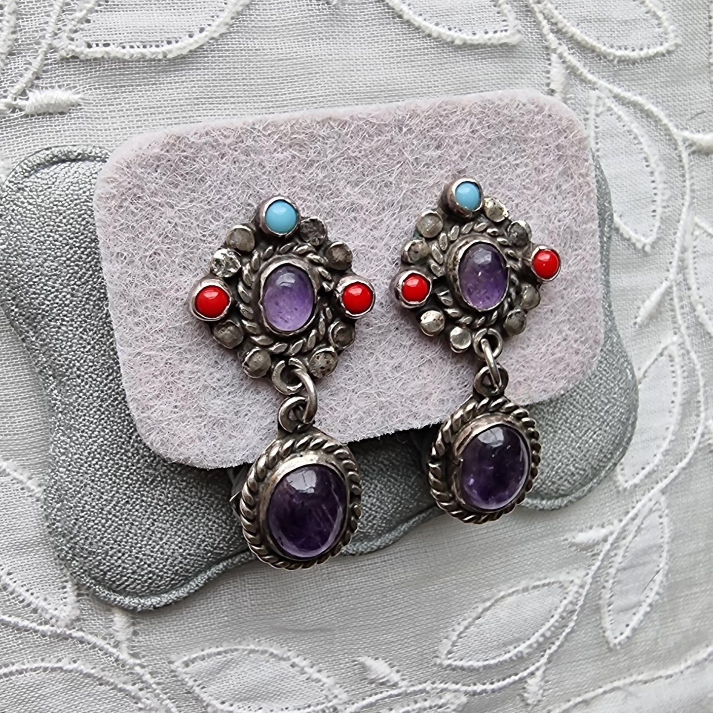 Posts - Sterling Silver Mexican Turquoise Coral and Amethyst Drop Earrings