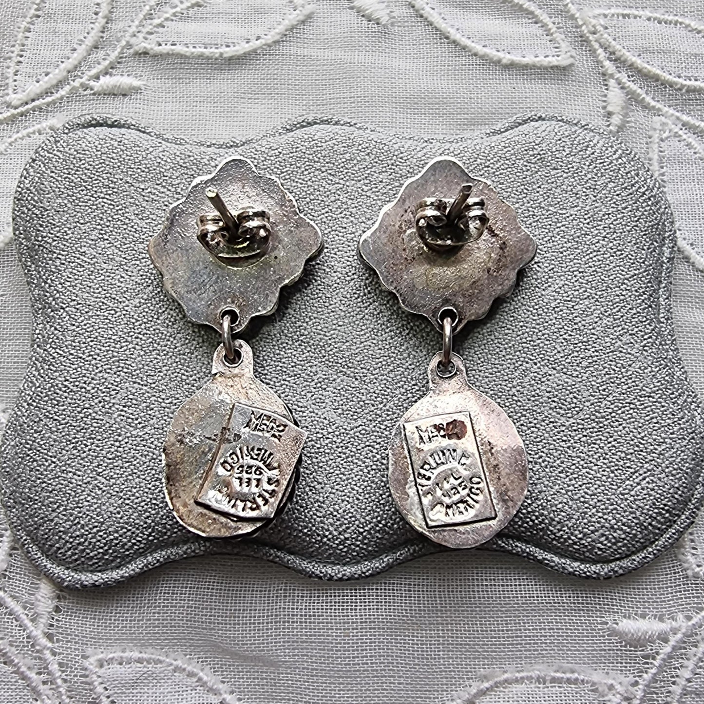 Posts - Sterling Silver Mexican Turquoise Coral and Amethyst Drop Earrings