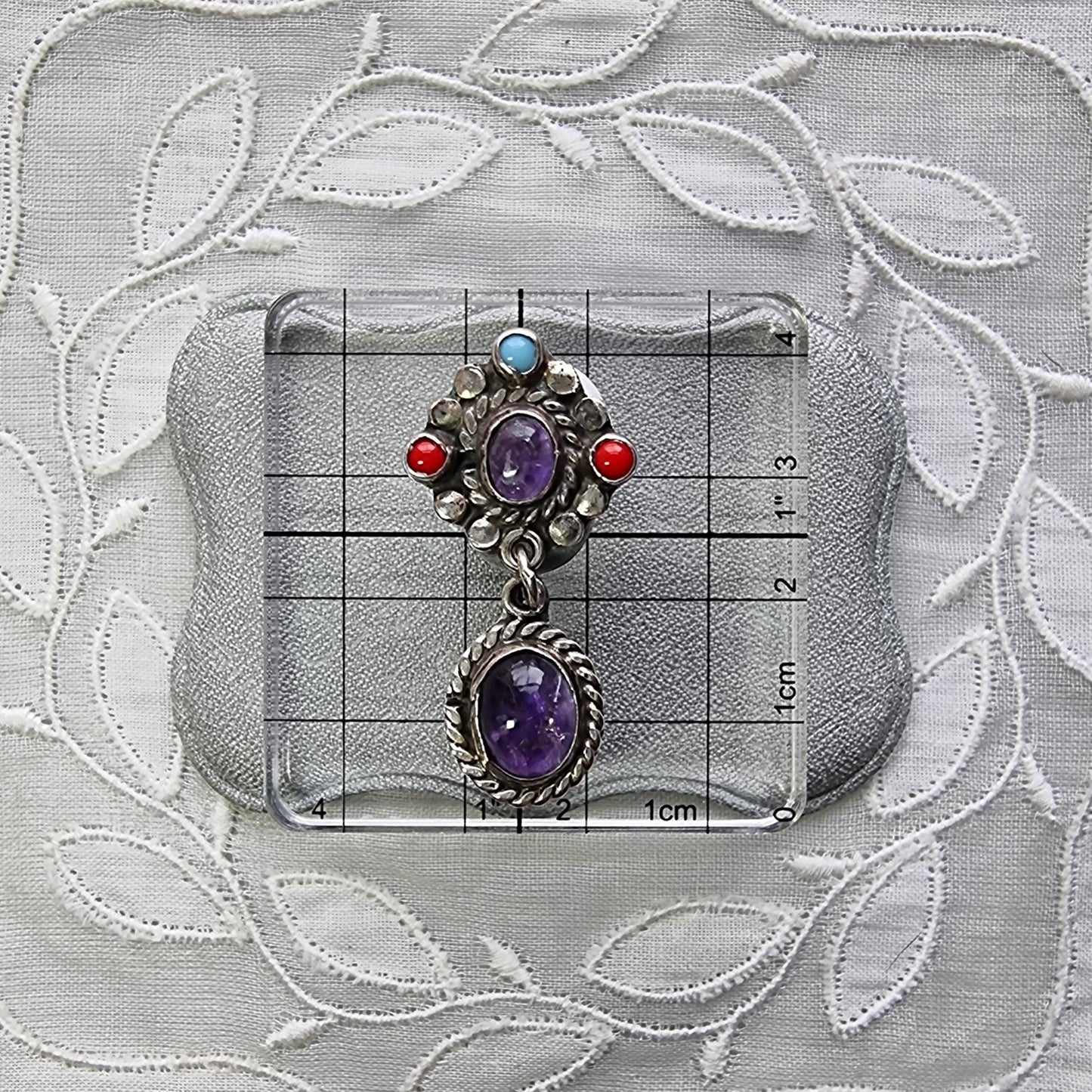 Posts - Sterling Silver Mexican Turquoise Coral and Amethyst Drop Earrings