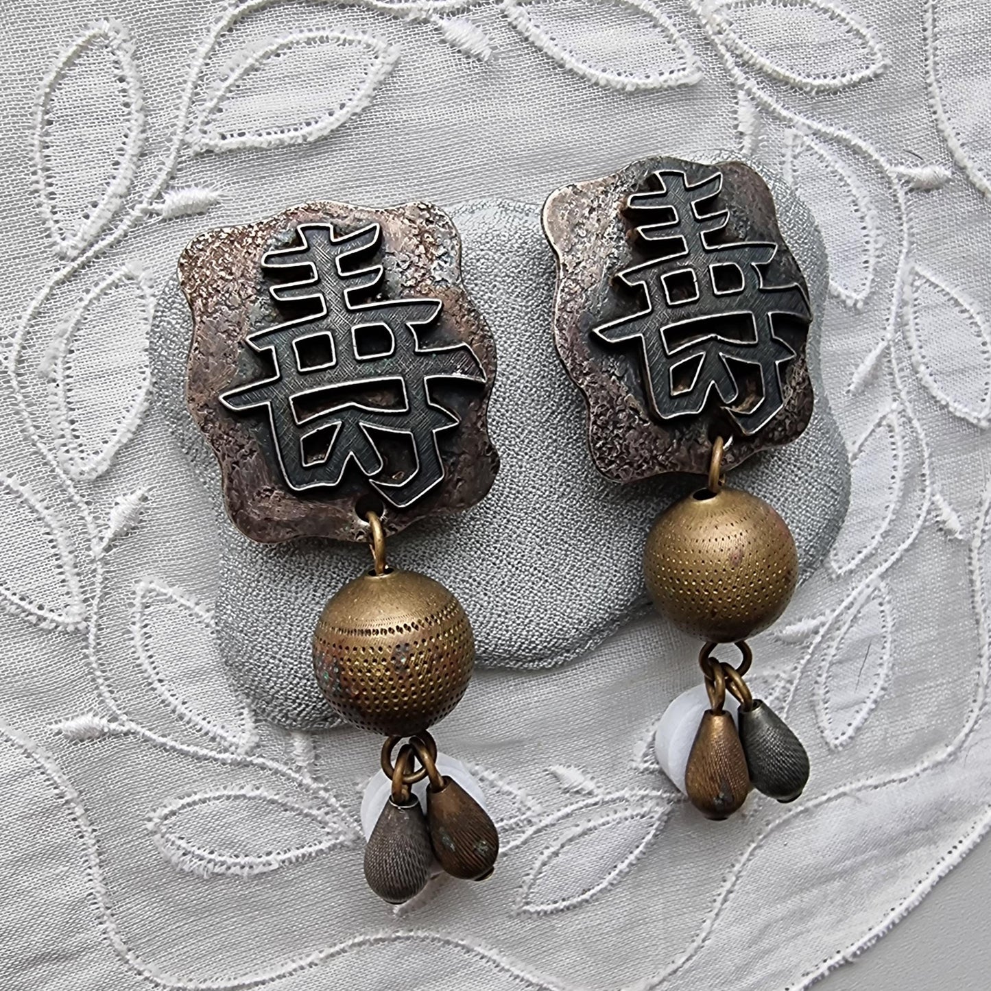 Clip on - Baer Chinese Character Two Tone Bead Drop Clip On Earrings