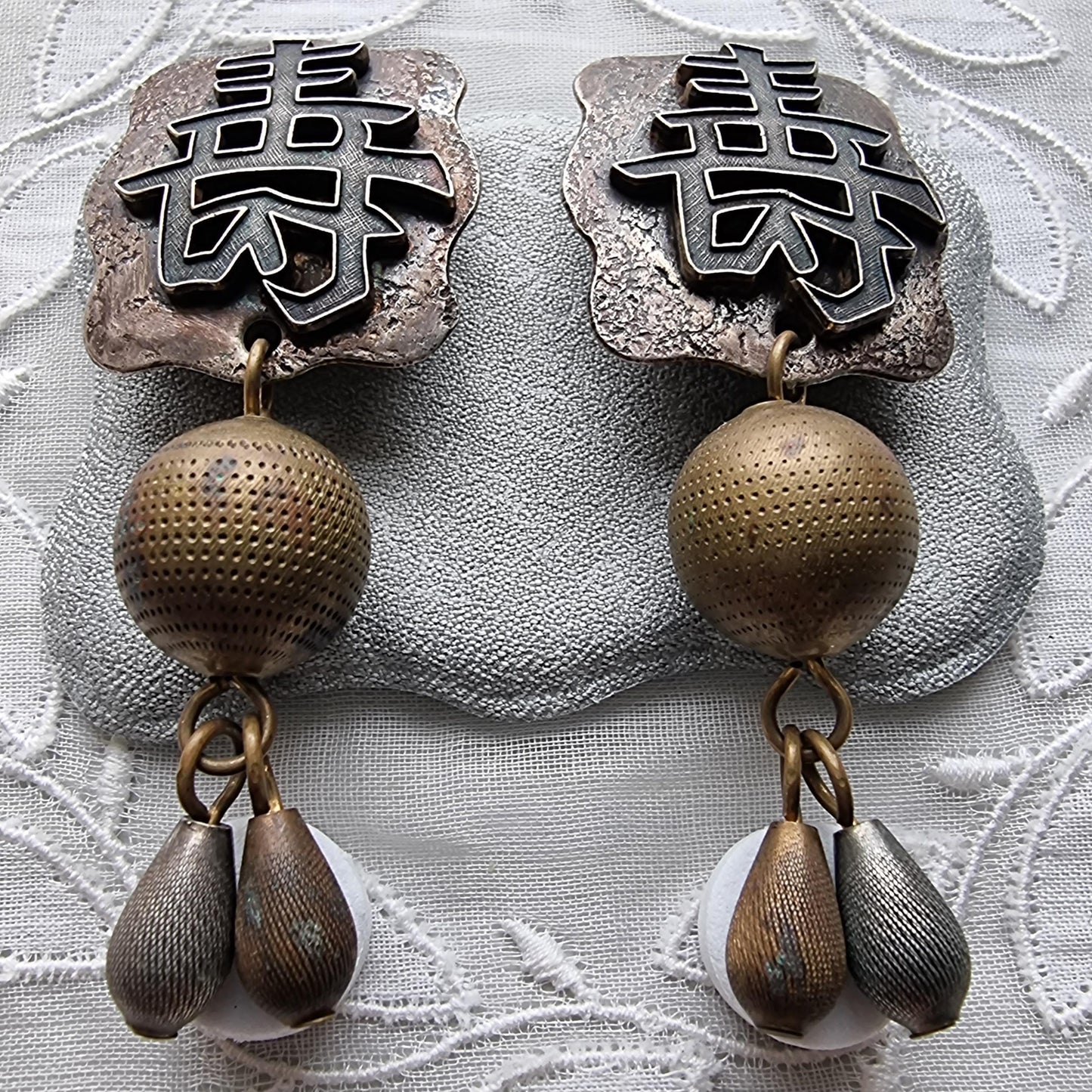 Clip on - Baer Chinese Character Two Tone Bead Drop Clip On Earrings